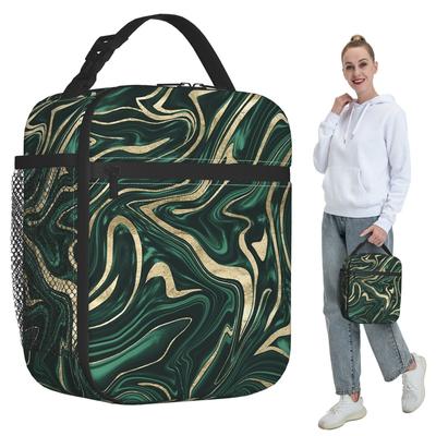 Dark Green Marble Pattern Insulated Lunch Bag for Women Office Cooler Thermal Food Box Tote Portable Lunch Boxes Container