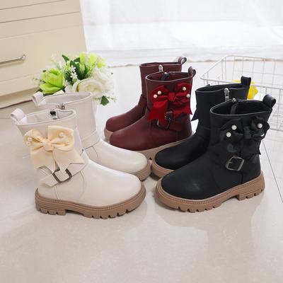 Stivali di Gomma da Bambina Stivali alla Moda per Bambini Fiocco con Fibbia in Metallo Cerniera Laterale Suola in Gomma Autunno Inverno 2024 Nuovo Dolce Dolce