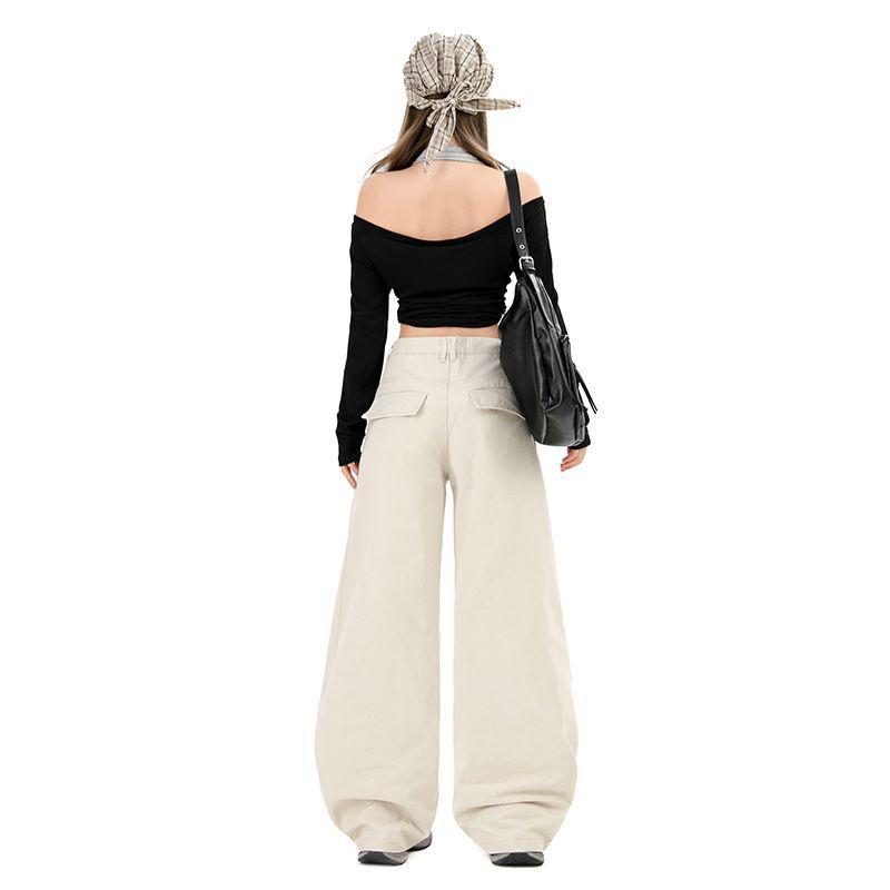 Elegant Vintage Apricot High Street Cargo Comfy Loose Saber Cut Floor Sweeping Denim Pants For Women Early Spring Casual Pants Oversize Denim Trousers
