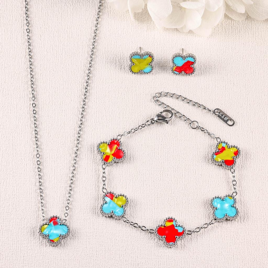 Conjunto de Brincos, Pulseira e Colar de Trevo 3 Peças Acessórios de Moda Coloridos de Luxo Leve
