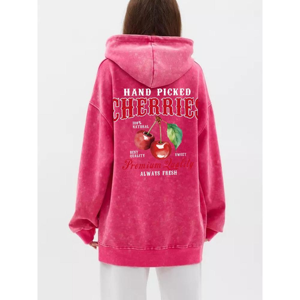 Oversized Women Washed Hoodie Hand Picked Cherries Always Fresh Print Pullover Pocket Warm Cotton Couple Clothes