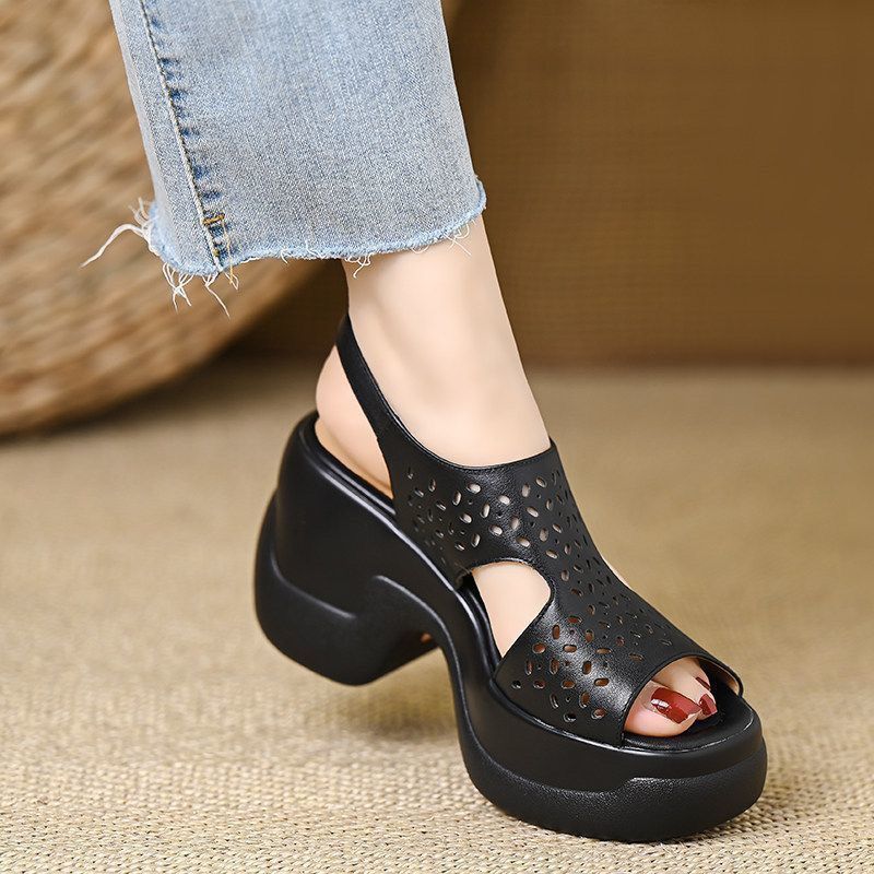 Women s Soft Leather Platform Roman Sandals Summer Chunky Heel Openwork Breathable Soft Sole One-Strap Strap Sandals 35