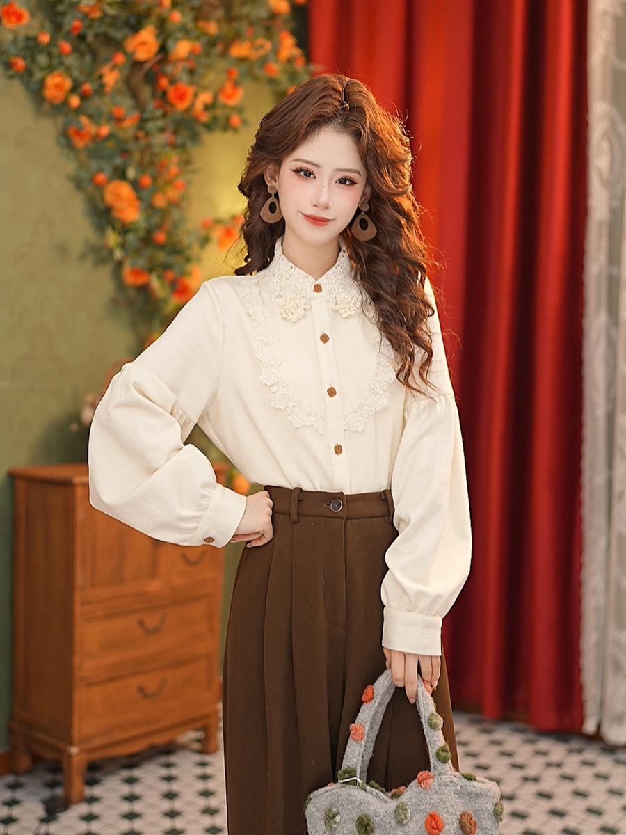 DaYuanSAD Mist Ice Women’s Lace Lapel Layering Long Sleeve Top #S15060 Large абрикосовый