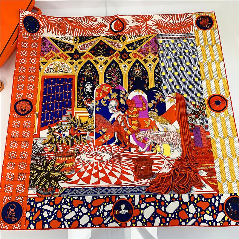 POBING Manual Hand Rolled Twill Silk Scarf Women Animals Forest Square Scarves Echarpes Foulards Femme Wrap Bandana Hijab 90CM