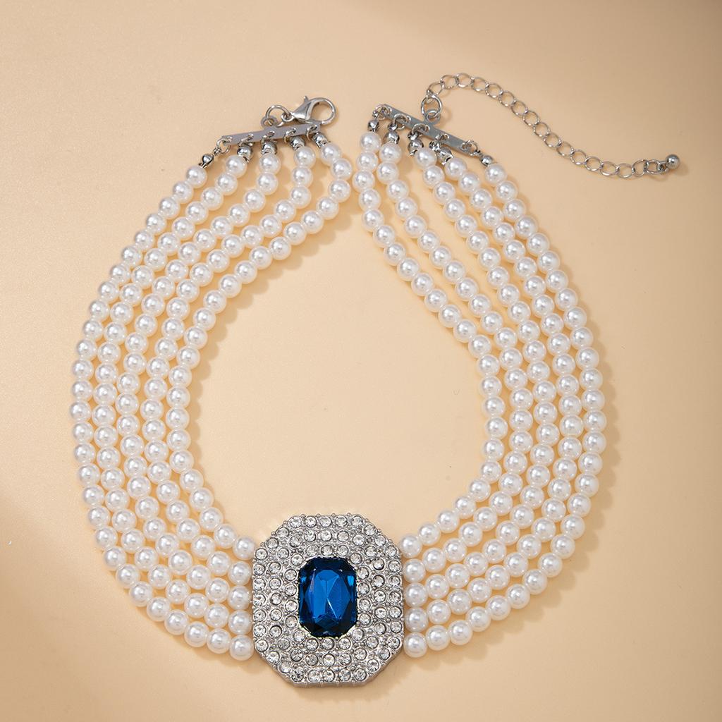 European and American French Retro Beaded Choker Necklace, Imitation Pearl Square Rhinestone Fashion Collar Jewelry for Women