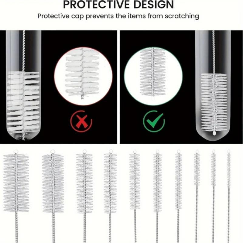 10pcs/set Stainless Steel Nylon Straw Brushes Water Cup Kettle Brush Silicone Glass Straw Test Tube Keyboard Cleaning Brush
