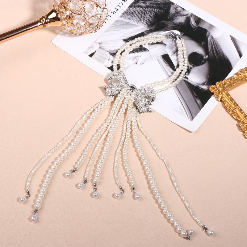 Light Luxury High-End Full Diamond Bow Pearl Tassel Necklace Banquet Runway Dress Accessories For Women Gift
