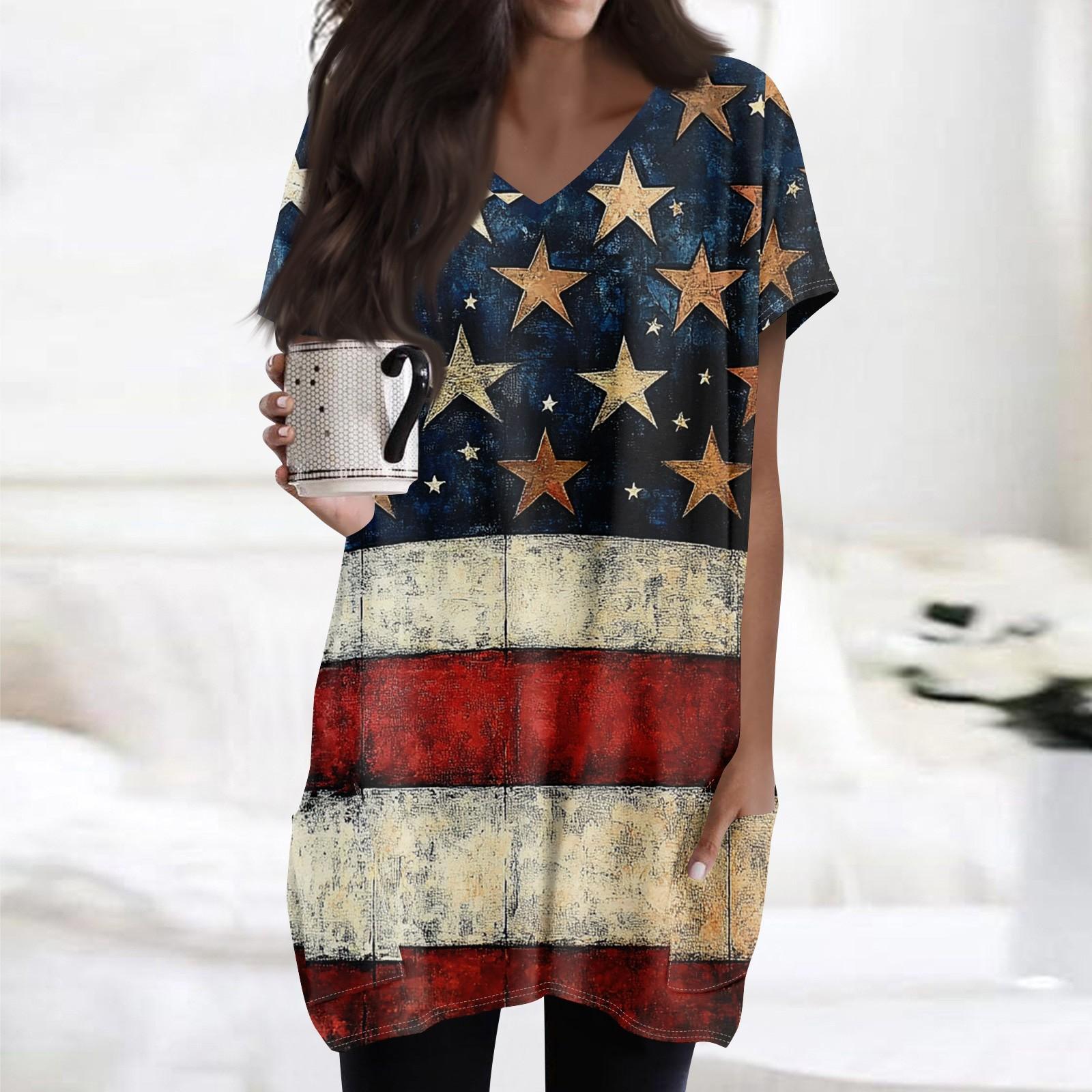 

Женские топы с V-образным вырезом, блузки с коротким рукавом, повседневные рубашки средней длины, модные туники с принтом «День независимости» и карманами S