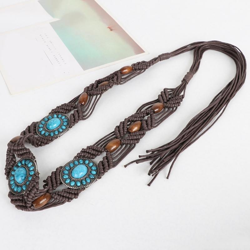 DIY Bohemian Wooden Bead Waist Rope Braided Tassels Belt Ethnic Style Belts