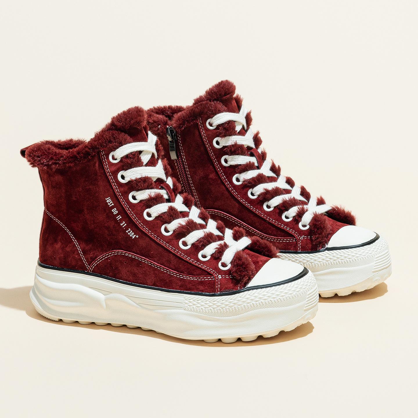 Pigskin high-top board shoes winter new thick fur genuine leather angora red heightened lightweight thick sole 35