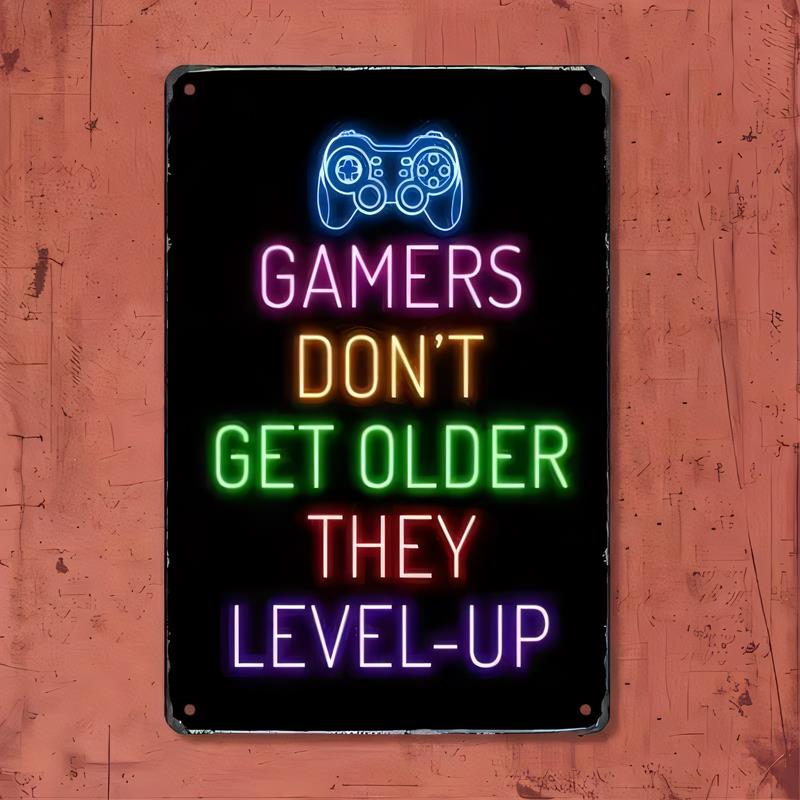 Blechschild Gamer werden nicht älter, sie steigen auf Neon Videospiel-Controller Retro Metall Wandkunst Dekoration für Man Cave Bar Pub Sei