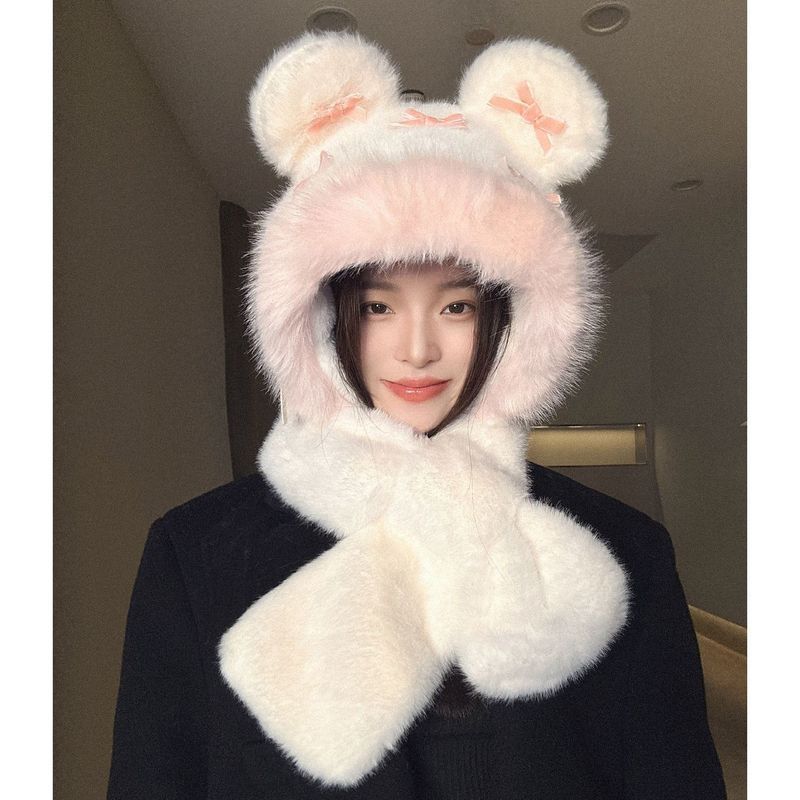 2025 New Winter Scarf Integrated Two-piece Set Cute Bow Plush Bear Ears Hat Women's Versatile