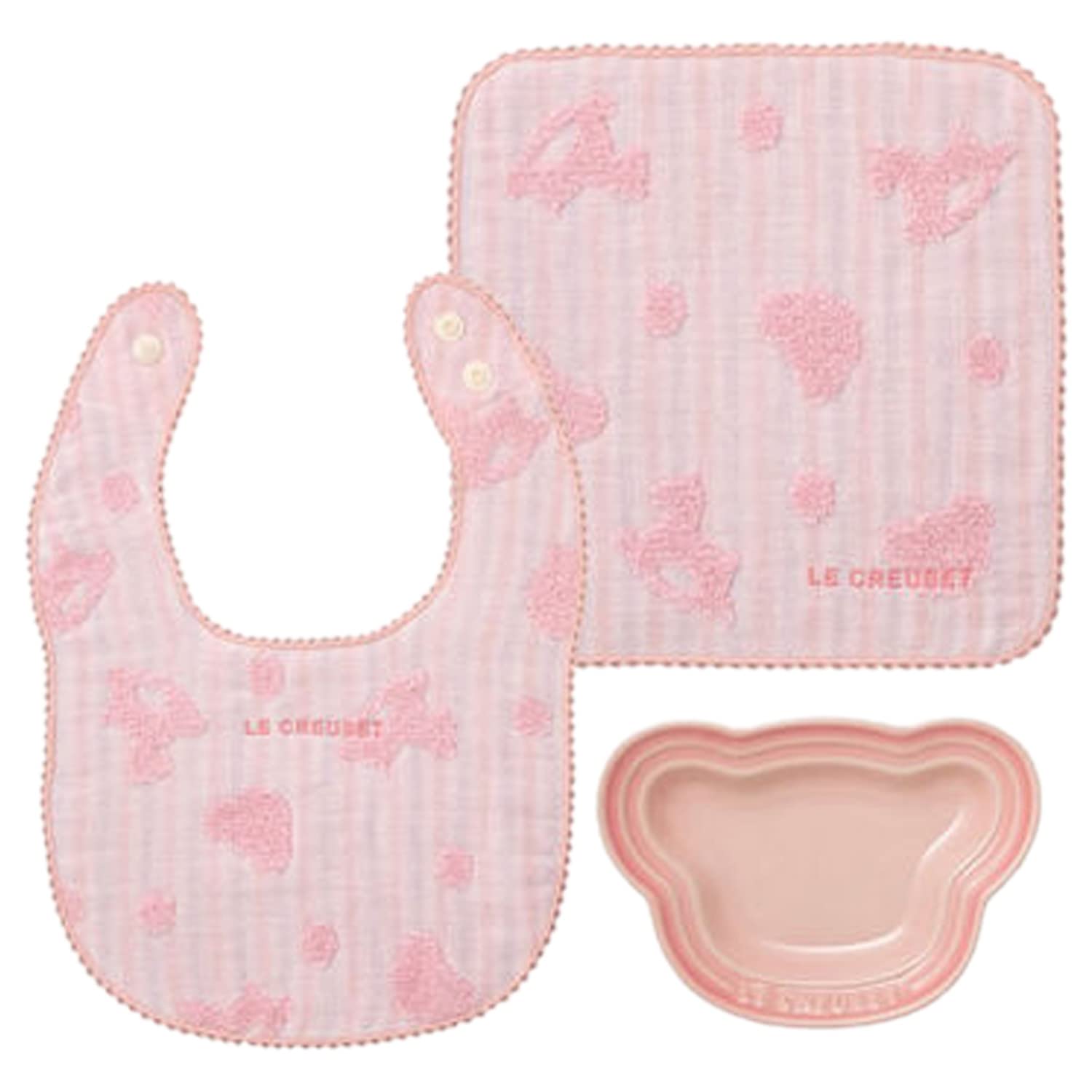 Le Creuset Baby Daily Gift Set Bib Handkerchief Plate Milky Pink Baby Shower Celebration Meal Gift for Girls