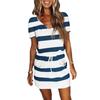 2023 Summer Women's Striped Short Sleeve Dress with Drawstring Mini Skirt