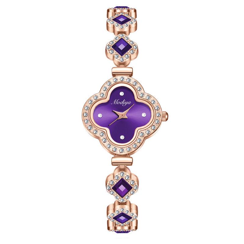 

Доступные женские роскошные часы с зеленым кварцем, дизайном четырехлистного клевера, инкрустированного бриллиантами, и браслетом. фиолетовый