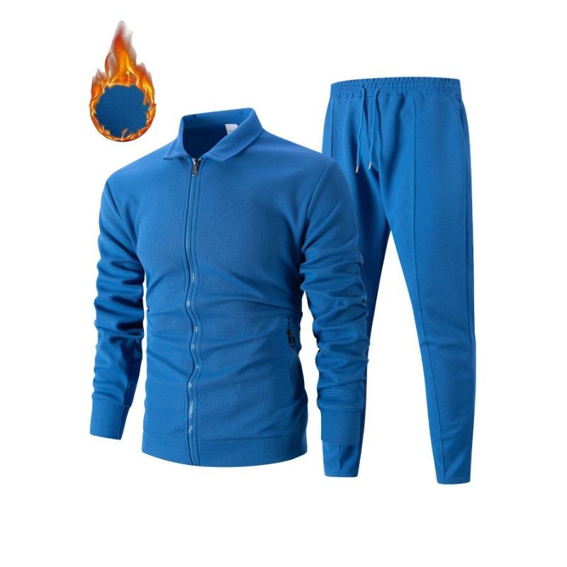 Men Thickened Waffle Turn Down Collar Long Sleeve Jacket And Pants Casual Two Piece Set