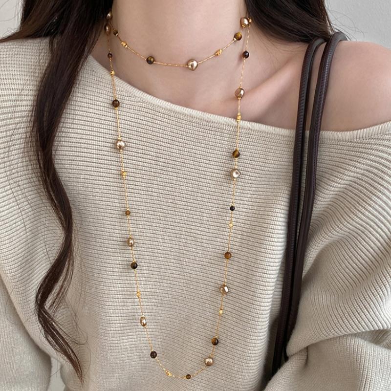 Autumn And Winter Long Tiger Eye Stone Pearl Beads Long Sweater Chain For Women'S Popular Necklace  Jewelry Accessories