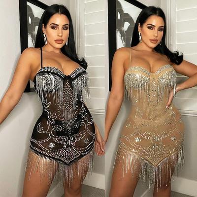 Letní Dámské Sexy Síťované Šaty s Diamantovým Třásněním