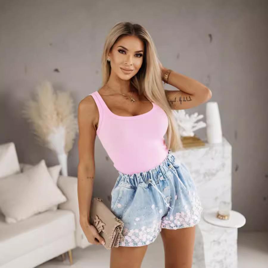 Handmade Beaded Rhinestone Elastic Waist Denim Shorts for Women – European & American Summer Autumn Fashion