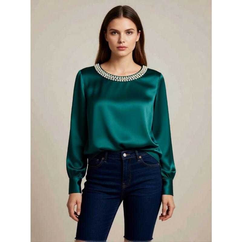 Spring and Autumn Pearl Round Neck Satin Women Shirt Loose Casual Long Sleeve Office Blouse Female Top O Neck Solid Color Simple Clothing