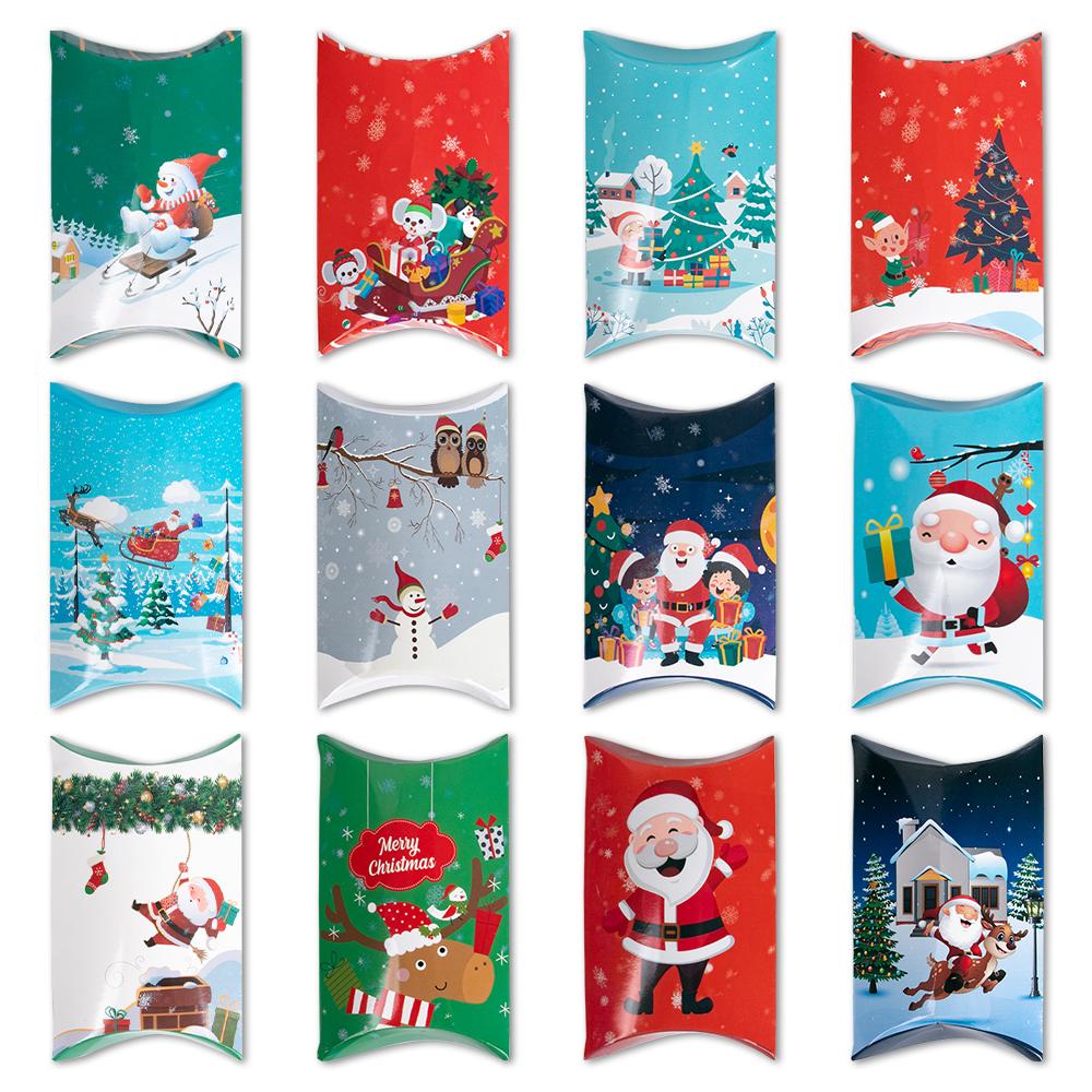 12/24pcs Christmas Pillow Shape Treat Candy Boxes Xmas Eve Cookie Gift Packaging Box 2025 Merry Christmas New Year Present Decor