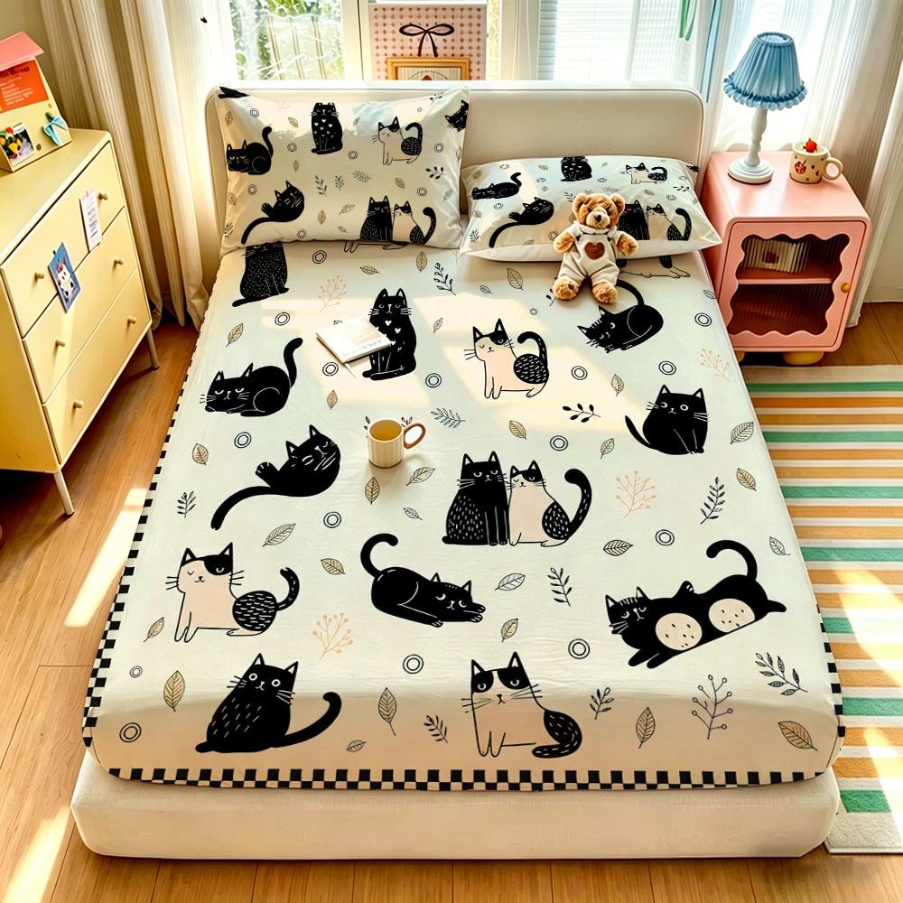3pcs Cartoon Bear Kitten Printed Chipless Bed Sheet Set Multiple Sizes Soft Bed Cover Bedroom Bedding Decoration, Gift Bedding