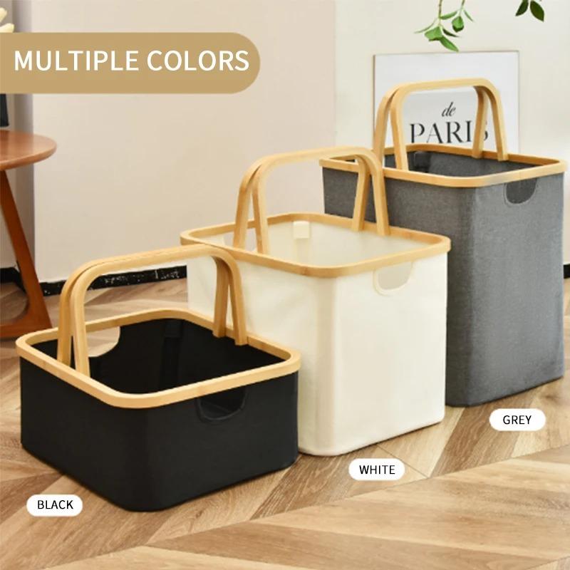 Bamboo Handle Storage Basket Large Capacity Foldable Bathroom Toy Clothing Desktop Organiser Dormitory Dirty Clothes Basket