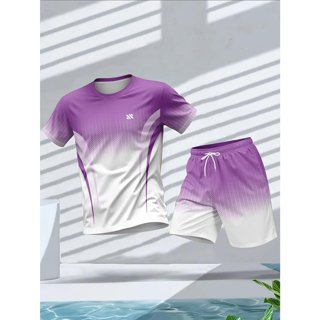 Men's Women's Summer Fashion Color Printed Comfortable Breathable Crew Neck T-shirt Shorts Set Outdoor Casual Sportswear