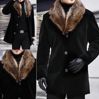 Cappotto da uomo ispessito di media lunghezza monopetto in lana giovanile orlo dritto con collo in pelliccia