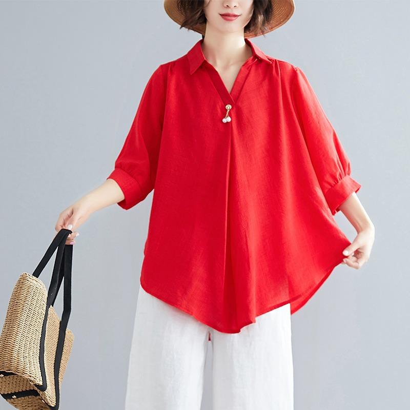 Women's Polo Collar Half Sleeve Loose Fit Blouse Casual Color Block Summer Top