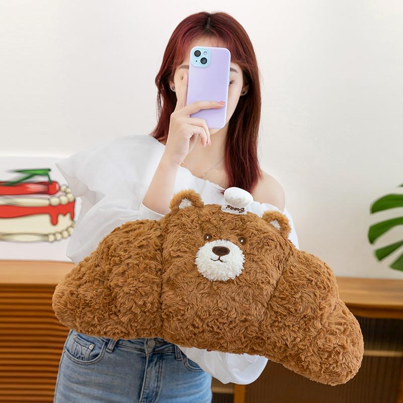 Cartoon Croissant Chef Bear Plush Pillow Soft Cozy Fluffy Bread Shaped Doll Back Cushion Sofa Decoration Birthday Gift For Kids