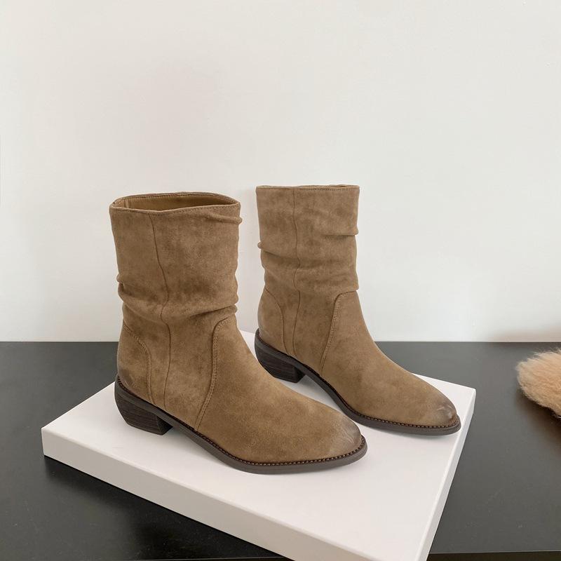 Pointed Thick Heel Piled Boots 2025 Autumn and Winter Korean Version New Thin Fashion Boots Temperament Suede Middle Heel Fashion Bare Boots