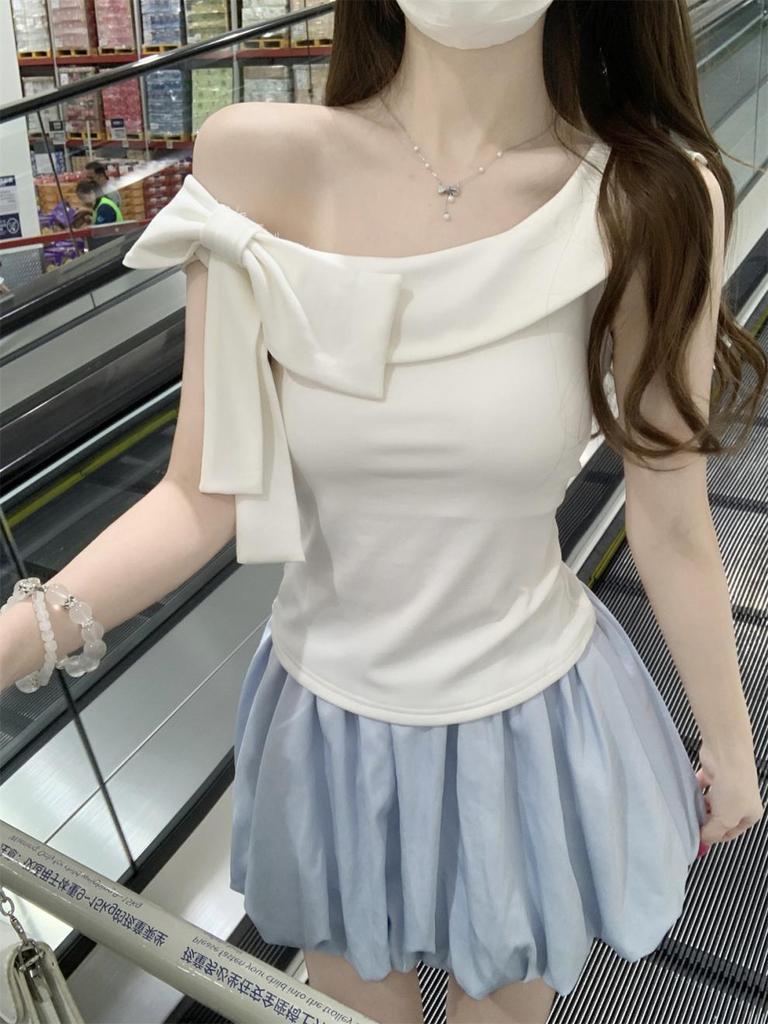 Korean Style Women's Ruffle Off-Shoulder Bow Cotton Top