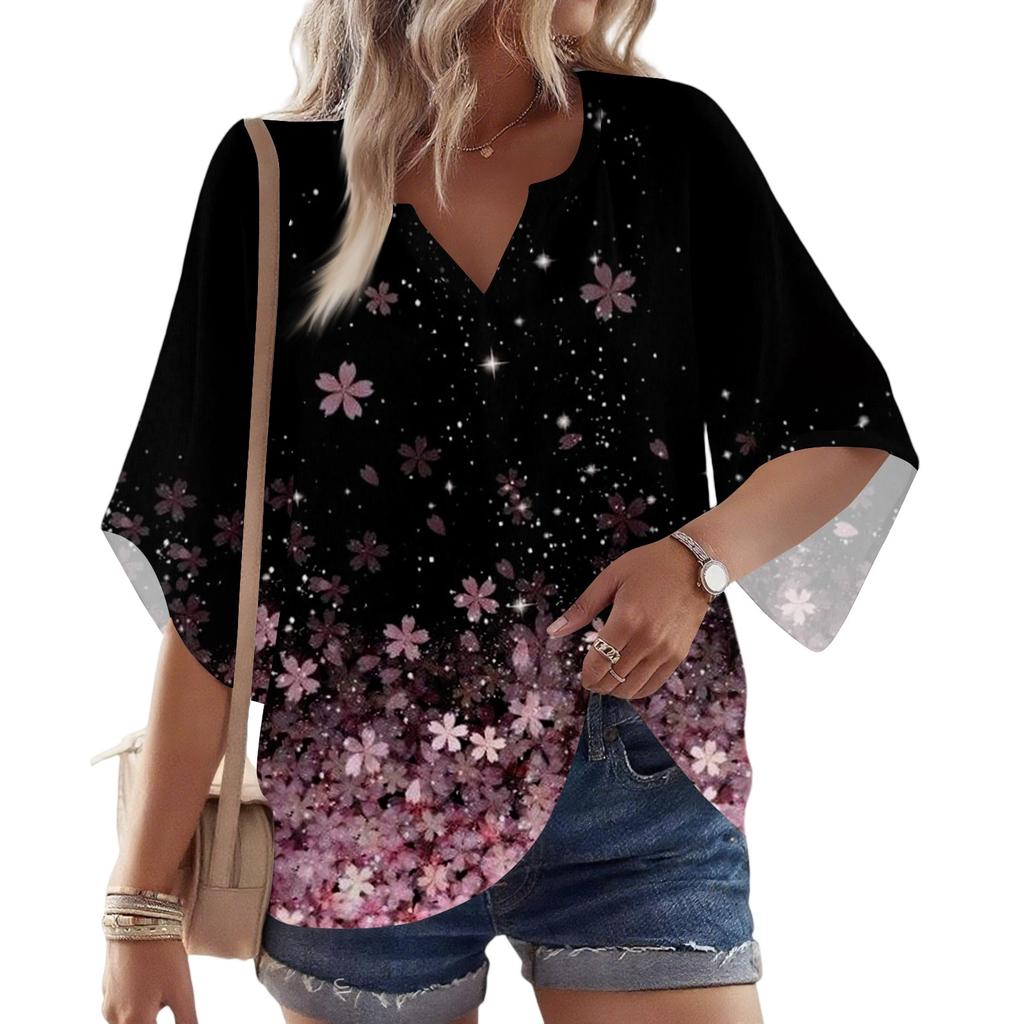 Women's 3/4 Sleeve V Floral Shirt Casual Loose Tunic Top