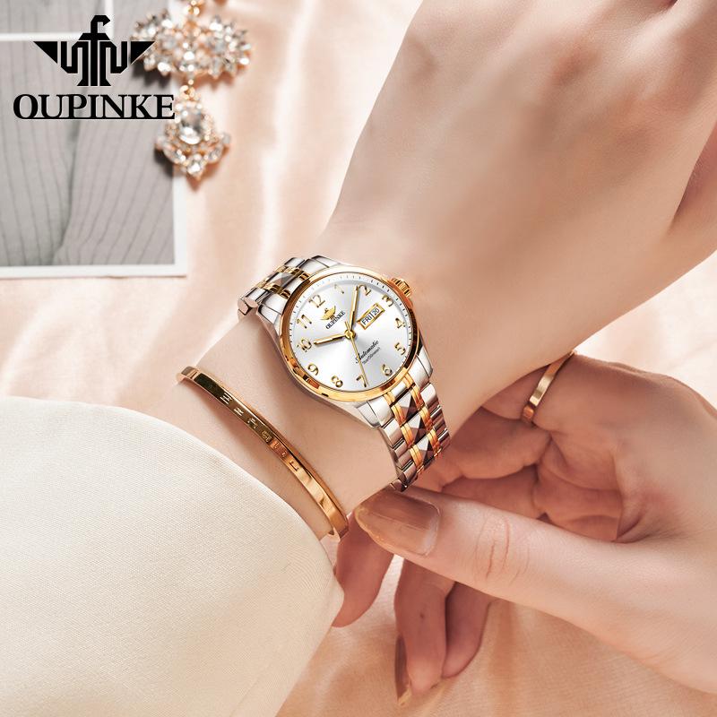 OUPINKE Montre de luxe pour femmes, tenue d'affaires et de loisirs, élégante, légère, étanche, lumineuse, incrustée de diamants, mécanique, haut de gamme, nouvelle collection