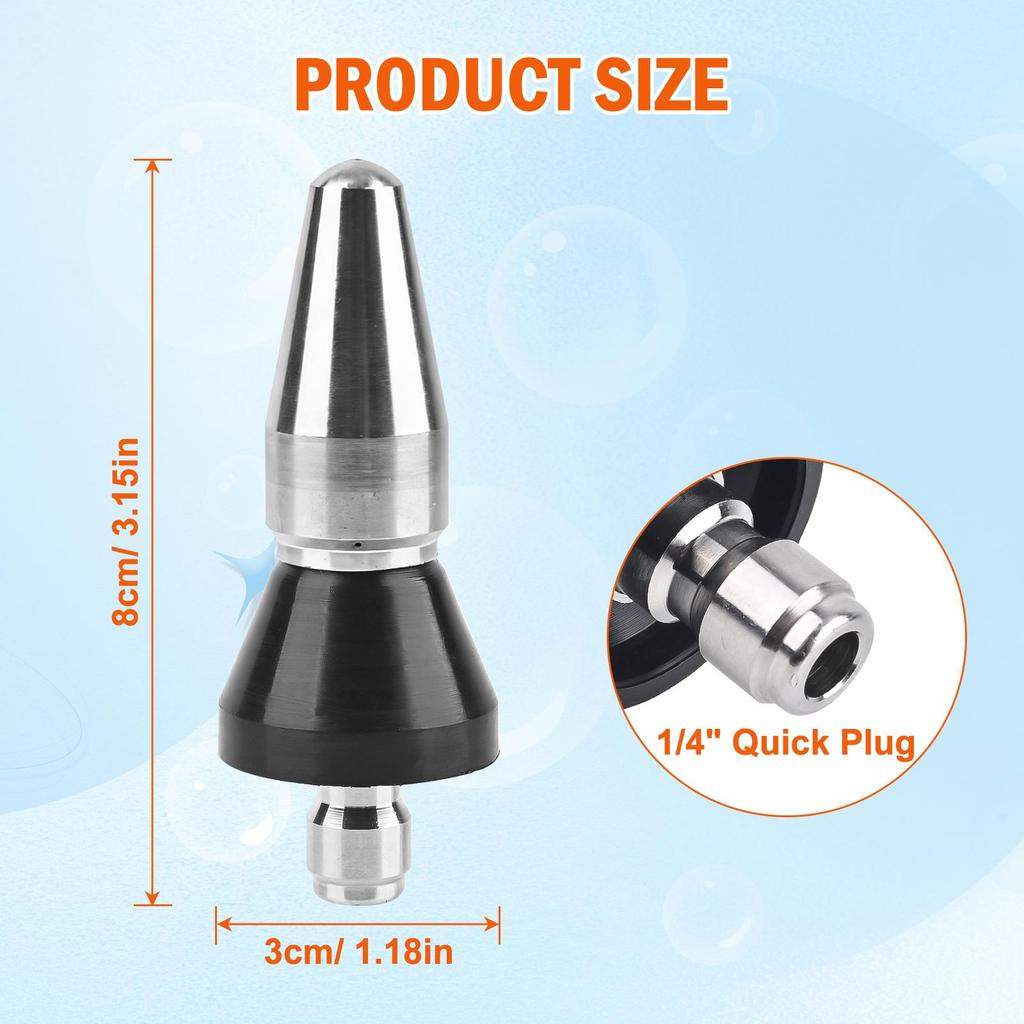 Pressure Washer Stainless Steel Sewer Jetter Nozzle, Durable Design Sewer Jet Nozzle,  with 1/4'' Quick Connector, 5000 PSI, Orifice 4.5 4.5GPM