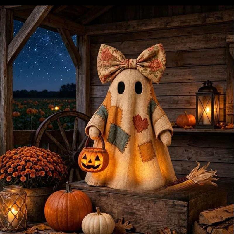 Patchwork Ghost Halloween Decor, Spooky Fun Indoor Outdoor Tabletop Ornament for Party and Home