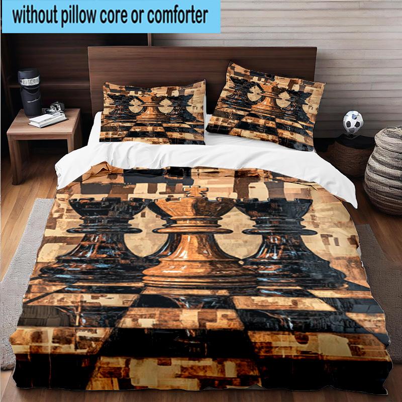 Golden Chess King On Black 3pcs Bedding,Including 1pc Duvet Cover And 2pcs Pillowcases Perfect for Christmas,Ideal for Bedroom, Dormitory