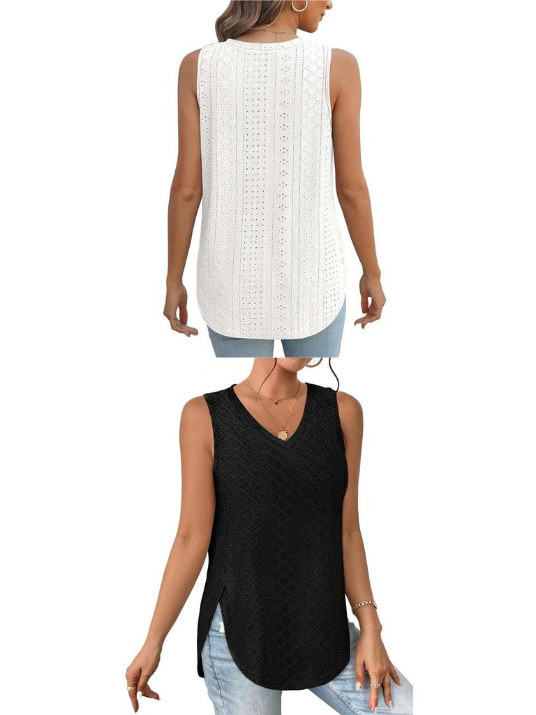 Spring/Summer V-Neck Sleeveless Eyelet Jacquard Women's Casual Vest Top