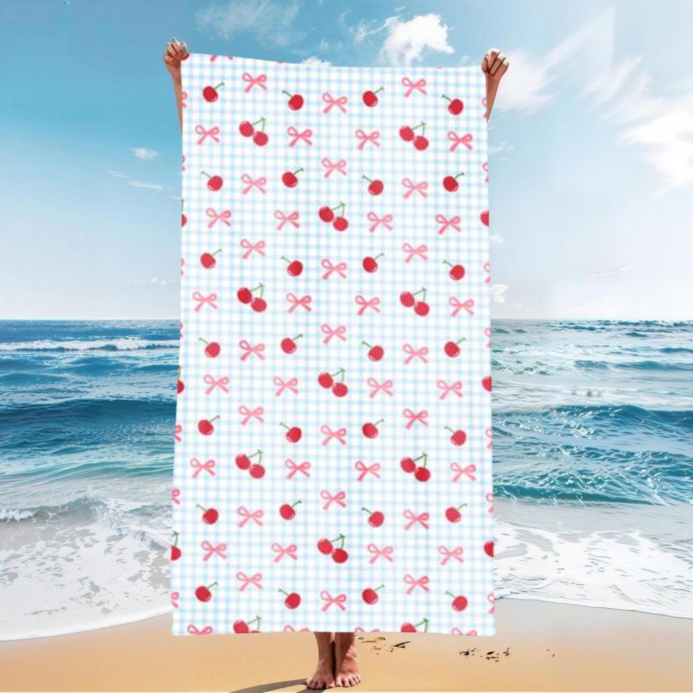 Cherry Gingham Beach Towel Sweet Fruit Print Light Blue Grid Cute Design For Poolside Relaxation Or Sunbathing Session