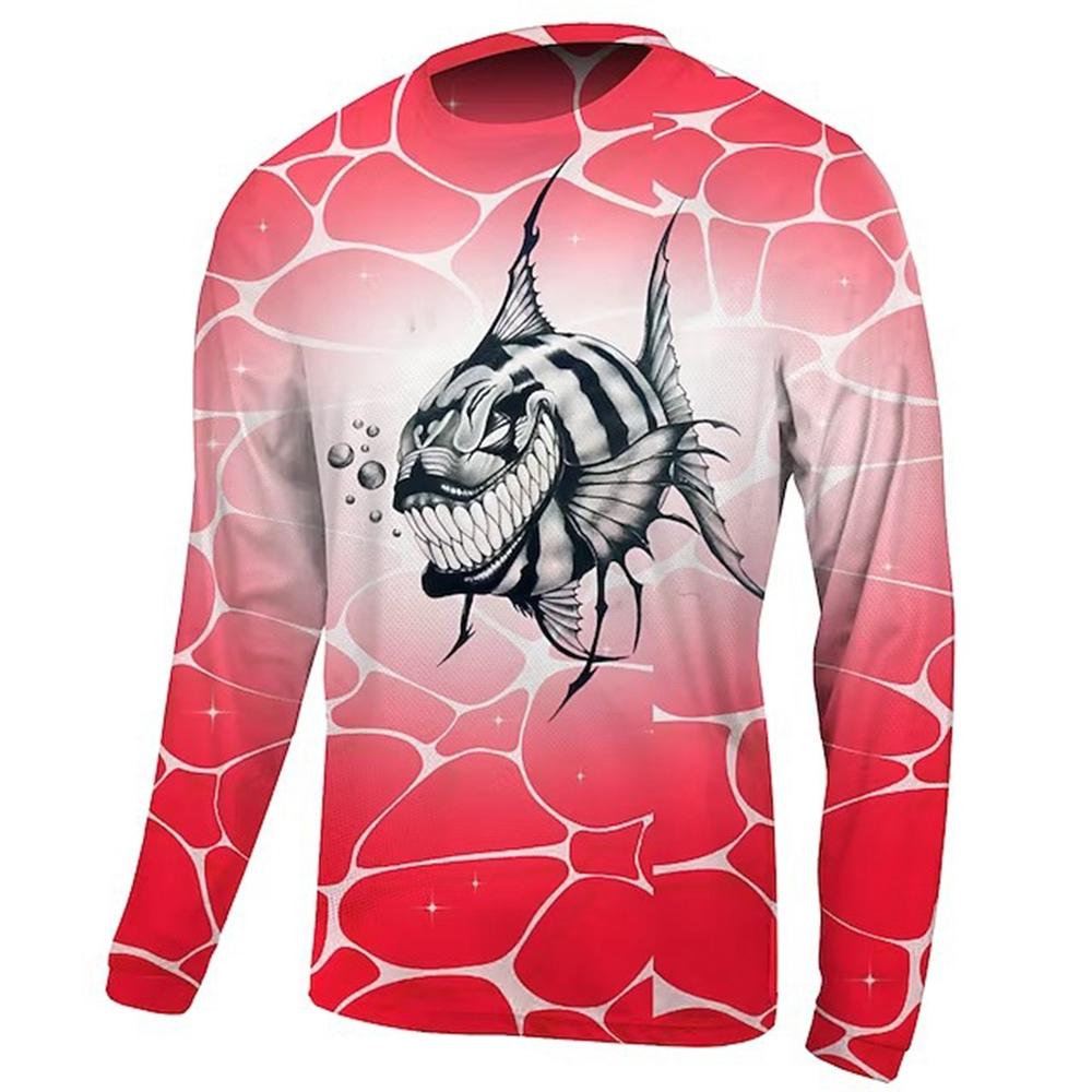 2024 Men's Fishing Shirt Long Sleeve Piranha Sea Wave Print Outdoor Running Training Breathable O Neck T-Shirt Fishing Clothing