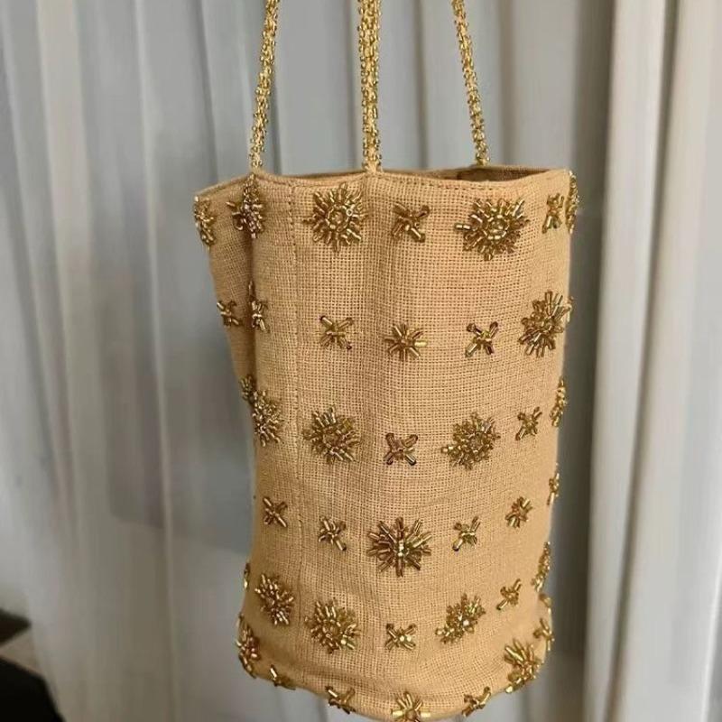 Bead embroidery bucket bag summer new denim shoulder messenger bag versatile new Chinese original women's bag