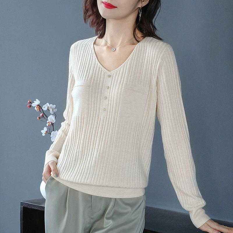 Spring Autumn Women Korean Fashion Elegant Simple Solid Basic Knitwears Female Casual V Neck Long Sleeve Slim Pullover Tops