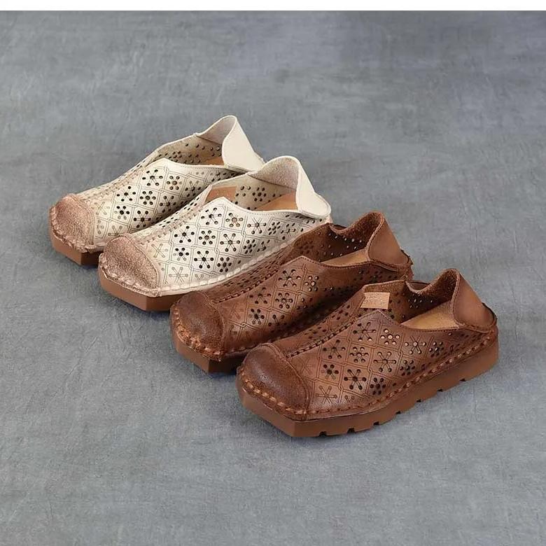 Johnature Hollow-out Breathable Flat Sandals Retro Genuine Leather Soft Soled Women's Slip-on Shoes