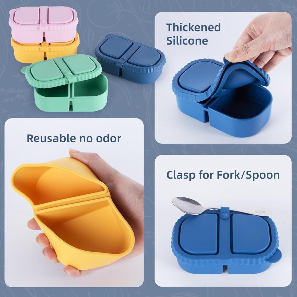 Silicone Reusable Snack Containers with Lids, Double Compartment Snackle Box Containers Salad Dressing Sauce Seasoning Container