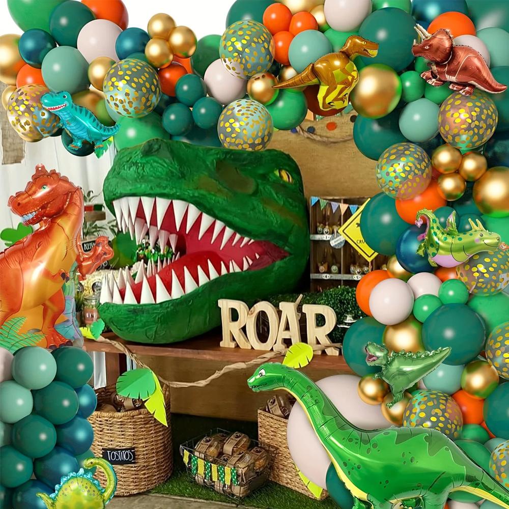 153pcs Dinosaur Themed Balloon Garland Arch Green Gold Orange Balloon Jungle Party Dinosaur Themed Birthday Party Decorations