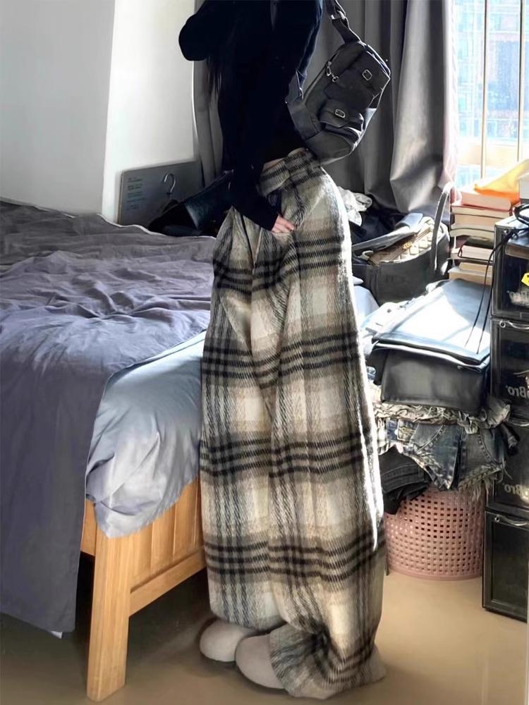 Autumn 2024 American Plaid Wool Wide-Leg Pants - Casual Loose Straight-Leg Style