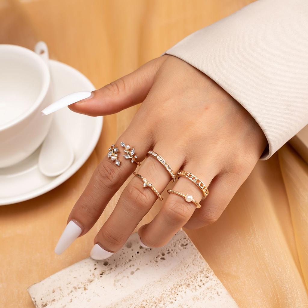 Combination Ring, Fashionable Pearl Dot Diamond Leaf Chain 5-Piece Set Ring For Women