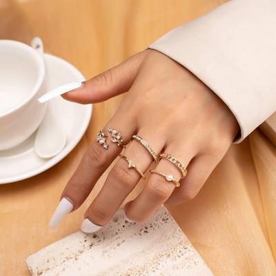 Combination Ring, Fashionable Pearl Dot Diamond Leaf Chain 5-Piece Set Ring For Women