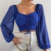Summer New V-neck Drawstring Chiffon Blouse Women Vintage Lantern Sleeve Slim Fashion Sexy Women's Shirt Tops Elegant Solid Ladies Crop Blouse 25156